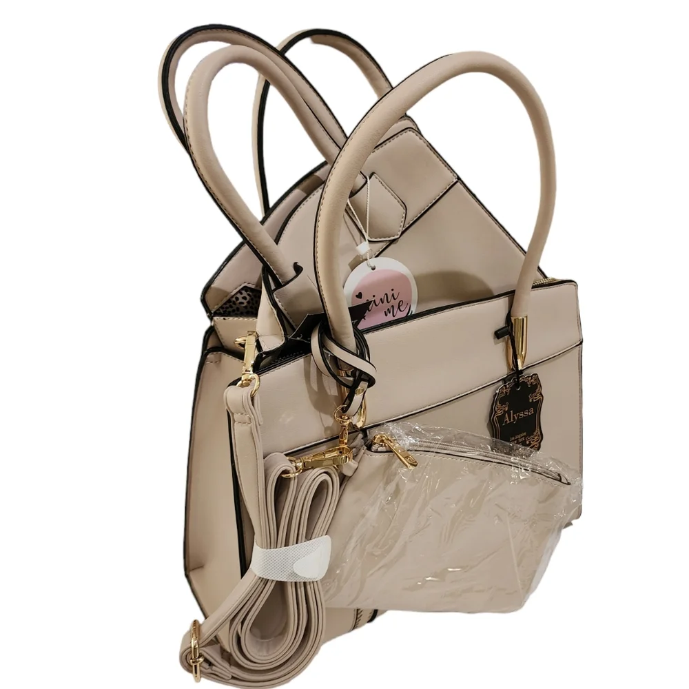 Alyssa New 3-Piece Beige Tote Handbah Set - Shoulder Bag, Crossbody & Wristle